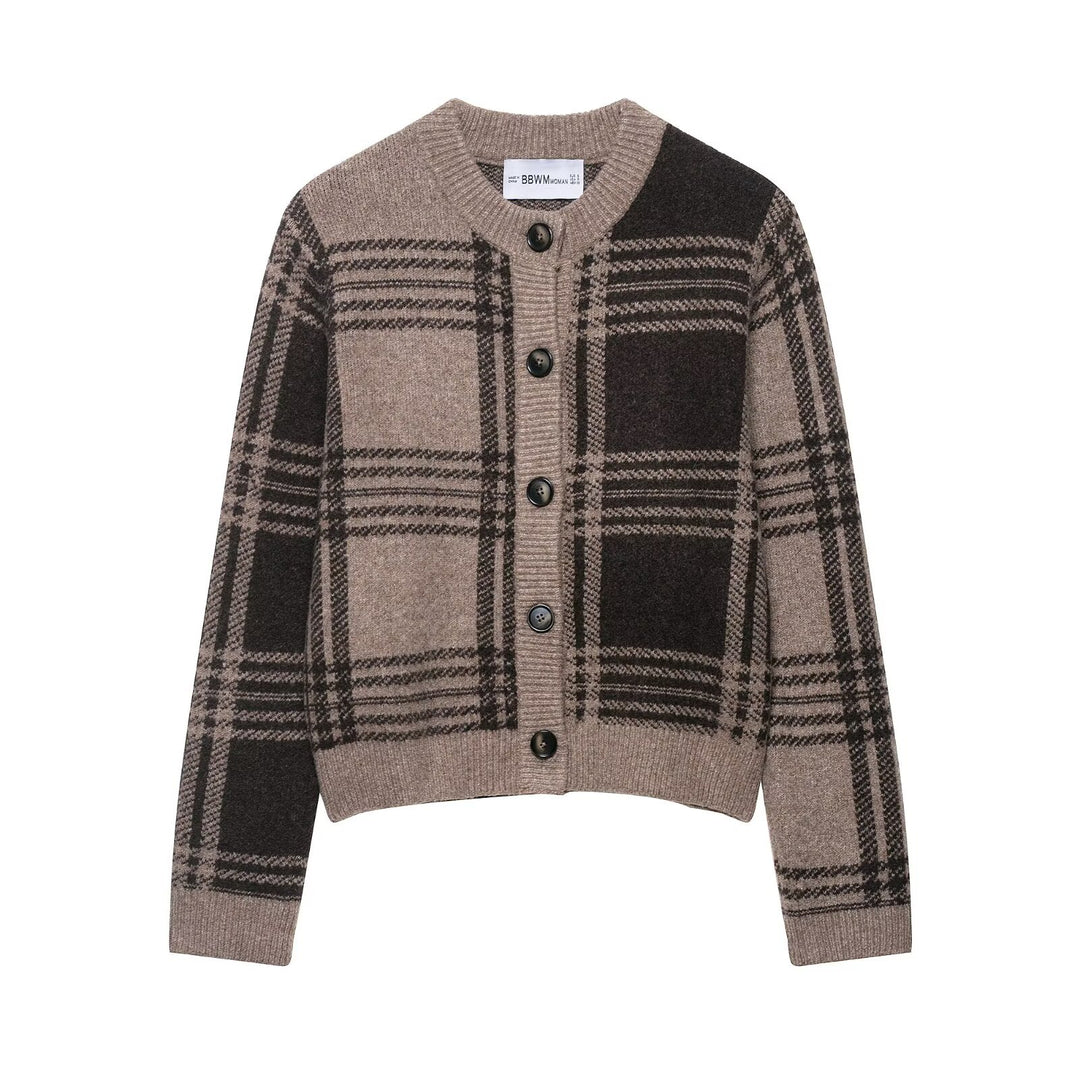 Damen kariertes Strickjacke mit Knopfleiste und weichem Material R&B