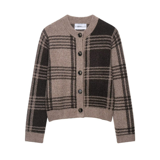 Damen kariertes Strickjacke mit Knopfleiste und weichem Material R&B