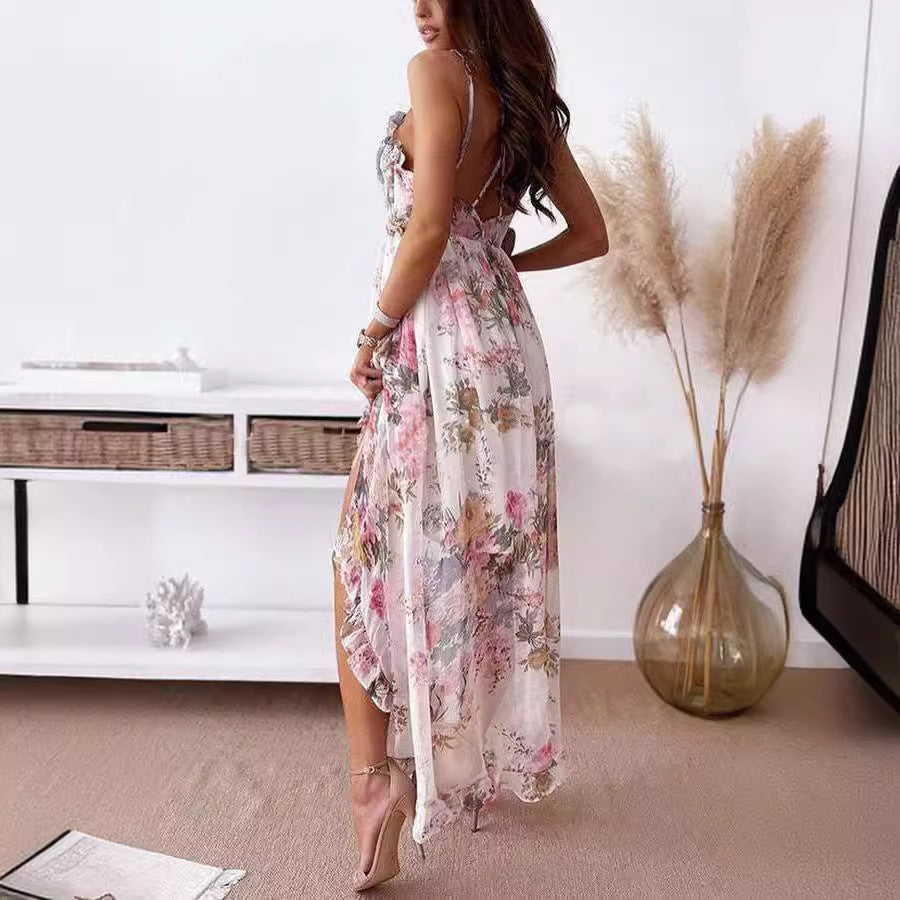 Damen nan romantisches Chiffon-Maxikleid mit doppelten Spaghettiträgern, Unterbrustraffung, mehrlagigem Volantrock und seitlichem Beinschlitz R&B