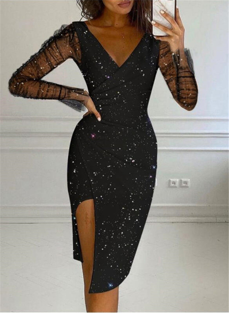 Damen elegantes Wickelkleid mit transparenten Ärmeln und schimmerndem Sternenmuster R&B