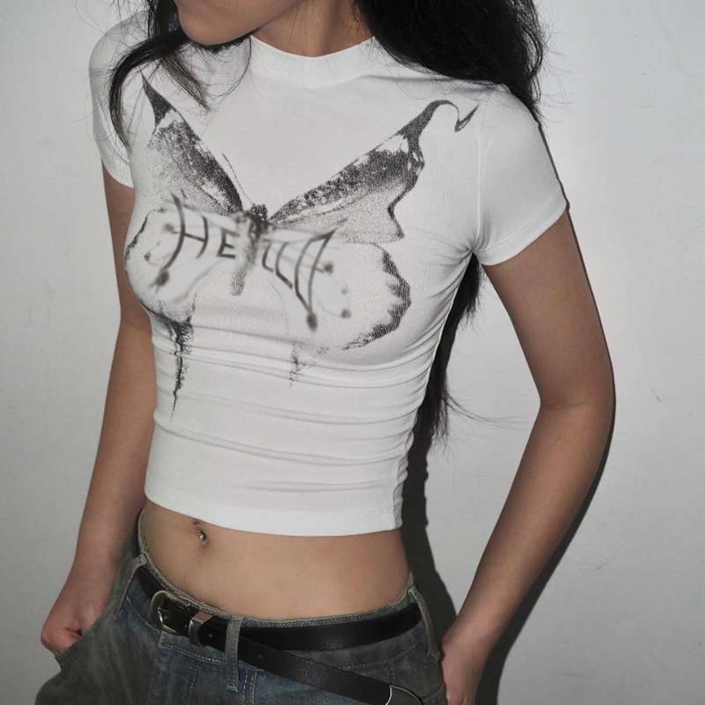 Damen Kurzarm-T-Shirt mit elegantem Schmetterlingsdesign und Stehkragen R&B