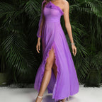 Damen Elegantes Maxikleid mit asymmetrischem Ausschnitt und fransierten Details R&B
