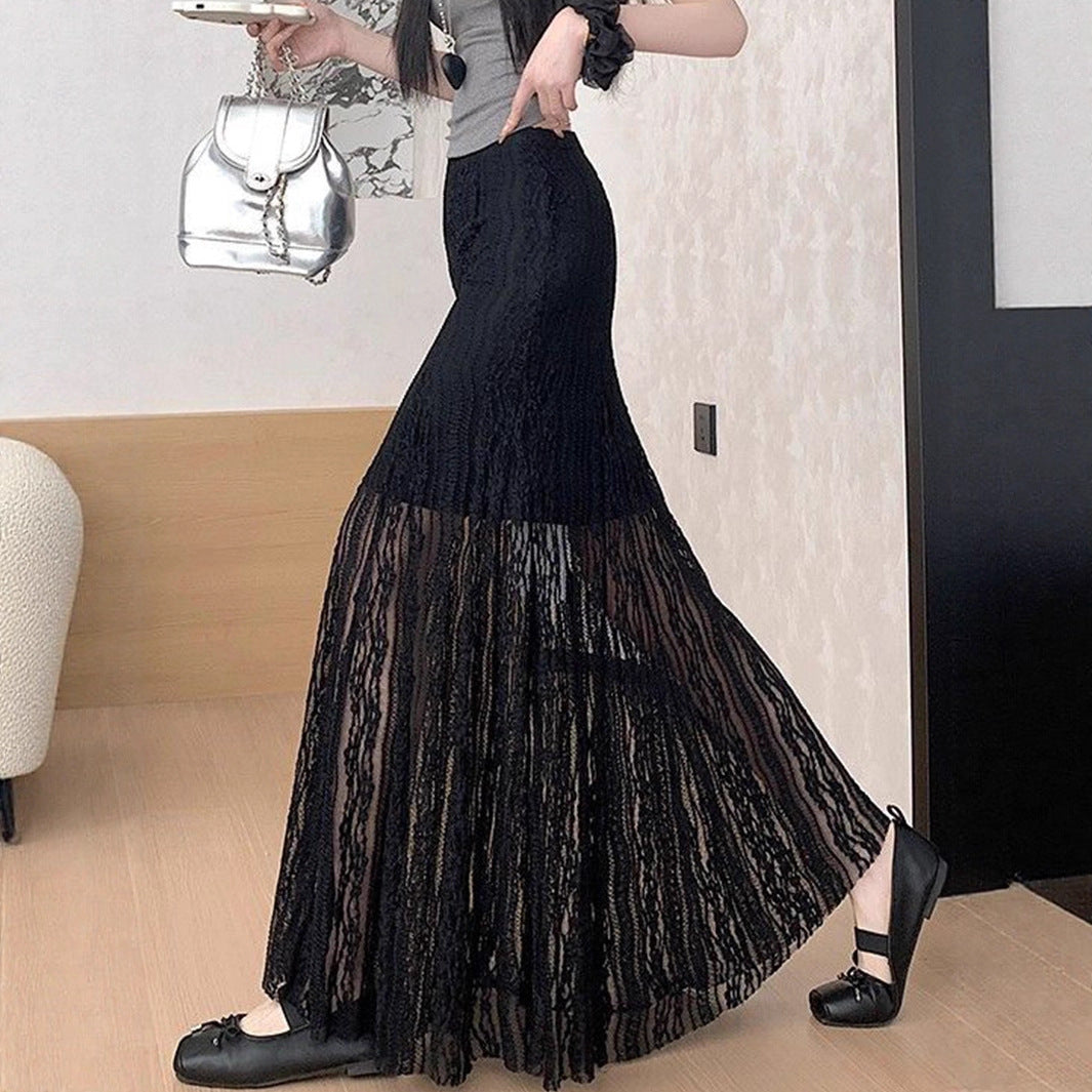 Damen Eleganter Maxi-Rock mit transparenter Spitze und Falten R&B