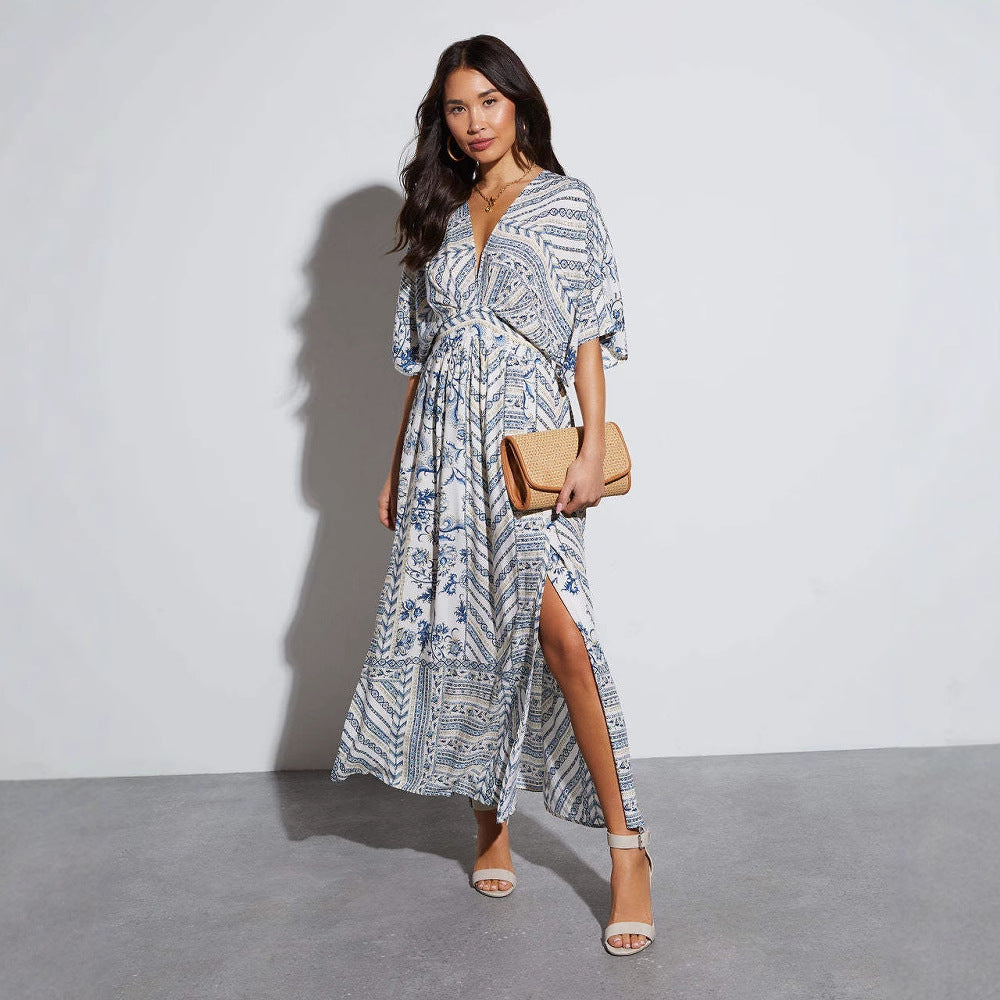 Damen Maxikleid mit aufregendem Wickeldesign und voluminösen Ärmeln R&B