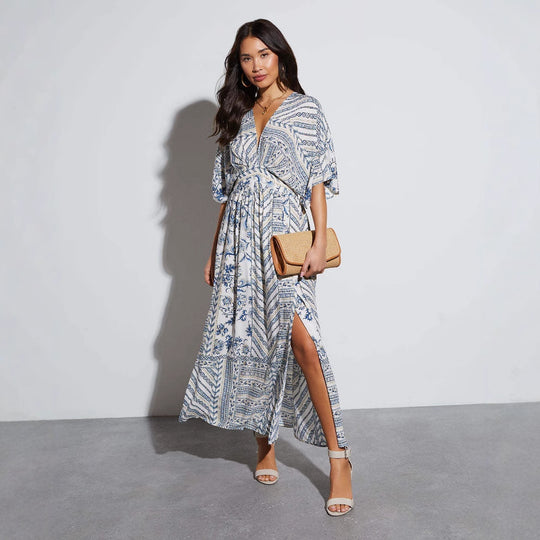 Damen Maxikleid mit aufregendem Wickeldesign und voluminösen Ärmeln R&B
