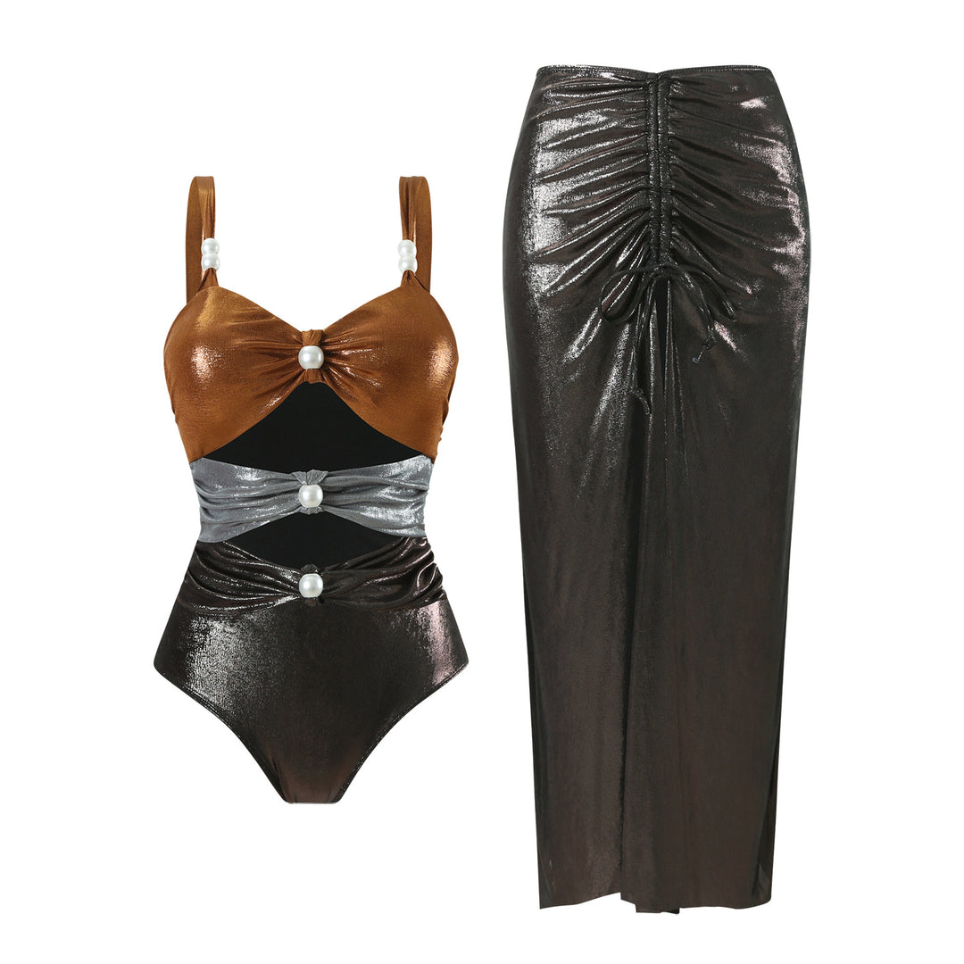 Damen Einteiler Badeanzug mit stilvollen Drapierungen und Perlendetails R&B