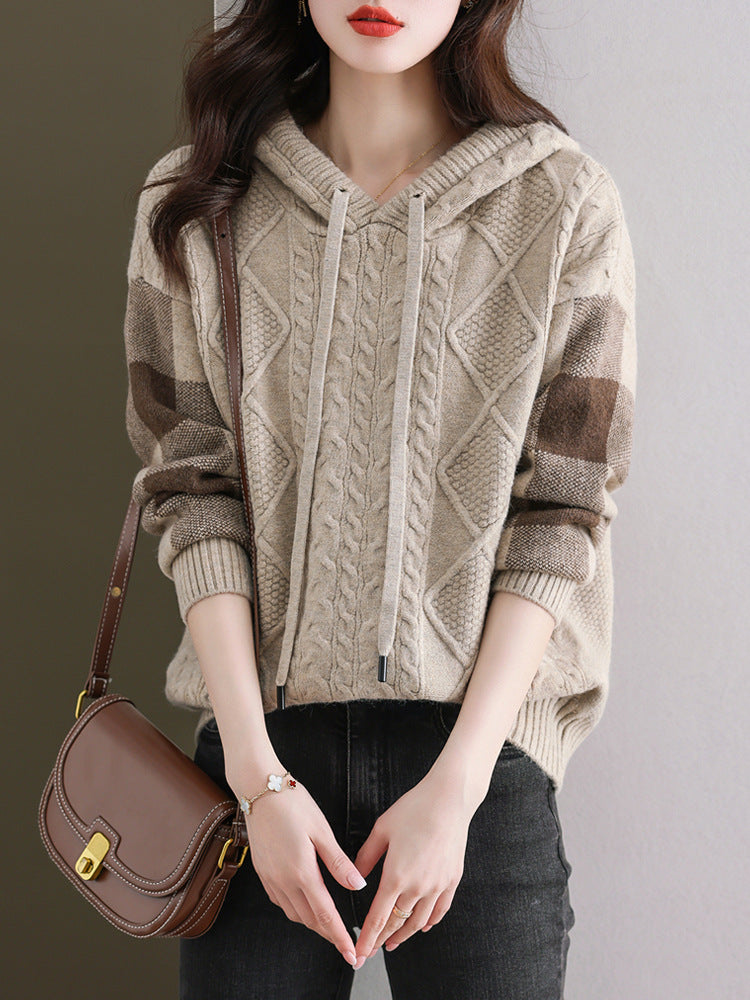 Damen Strickpullover mit Kapuze und modischem Karomuster R&B