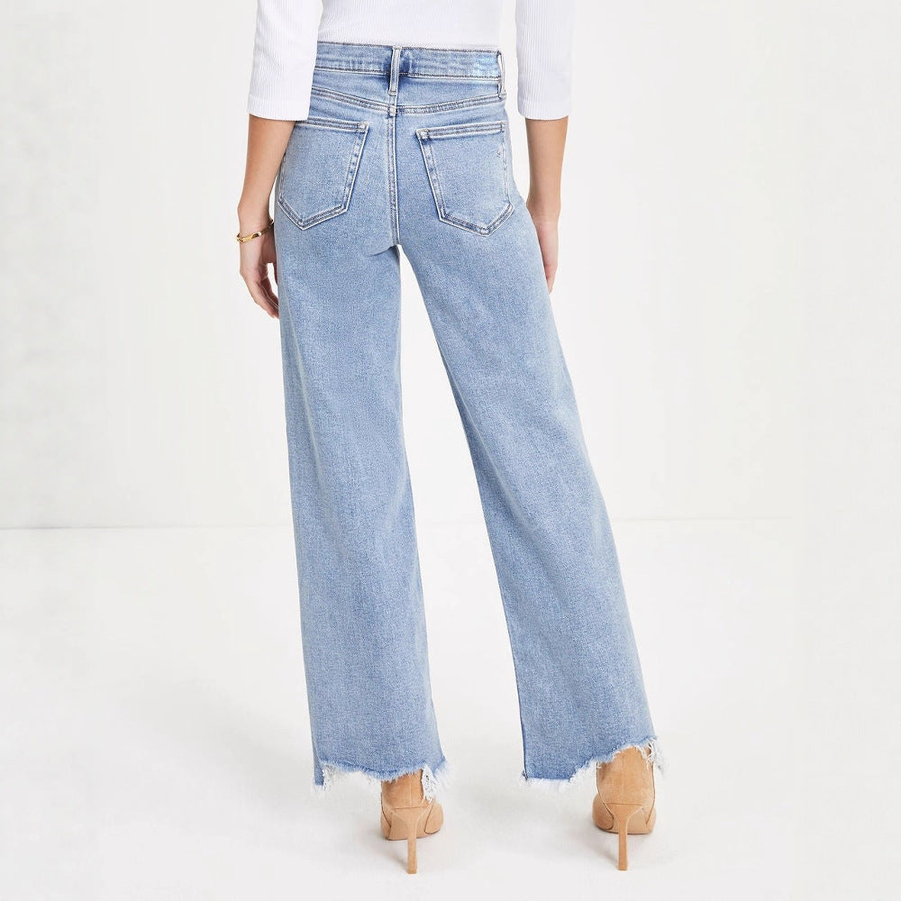 Damen Weit geschnittene Jeans mit fransigem Saum und hohem Bund R&B
