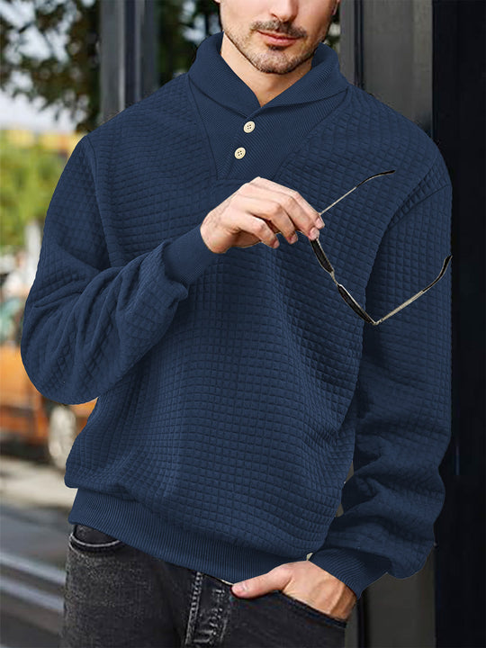 Herren nan eleganter Strickpullover mit Schalkragen, Knopfleiste am Ausschnitt und Karo-Waffelstruktur R&B