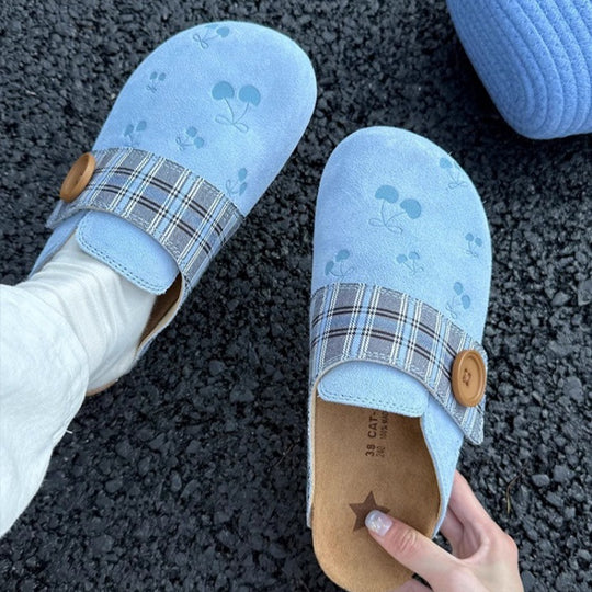 Damen Clogs mit modischem Karodesign und dekorativer Knopfdetails R&B