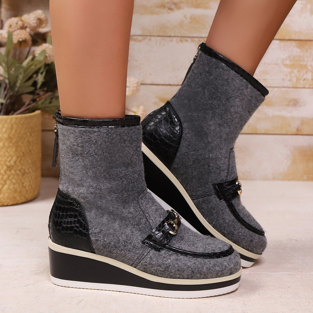 Damen Komfortable Wedge-Stiefeletten aus weichem Wollfilz mit modischem Krokodil-Detail R&B
