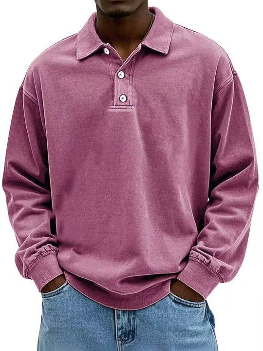Herren nan lässiges Poloshirt-Sweatshirt mit Kragen, Vintage-Waschung und dreiteiliger Knopfleiste R&B