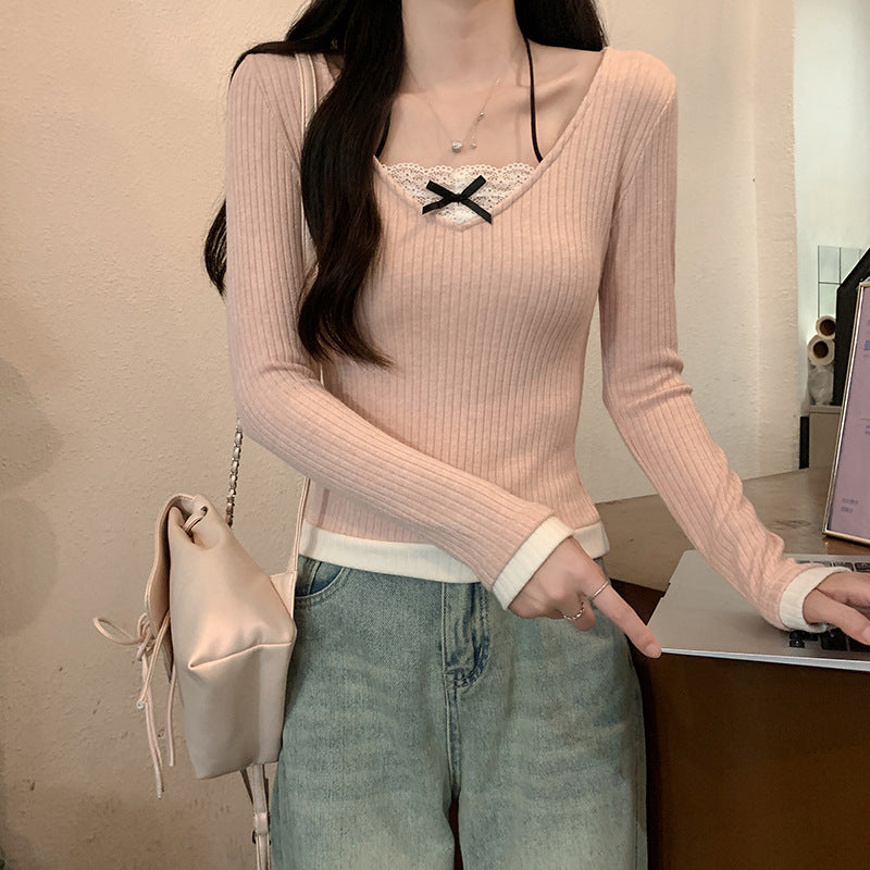Damen Langarmshirt mit V-Ausschnitt und Spitzenakzenten R&B