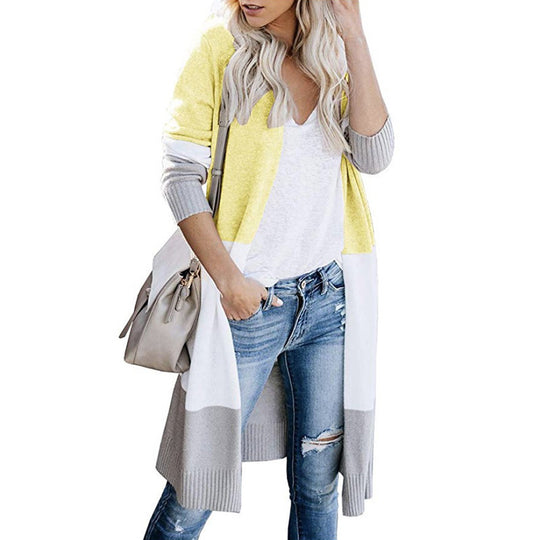 Damen langer Strickmantel mit modernen Farbblock-Details R&B