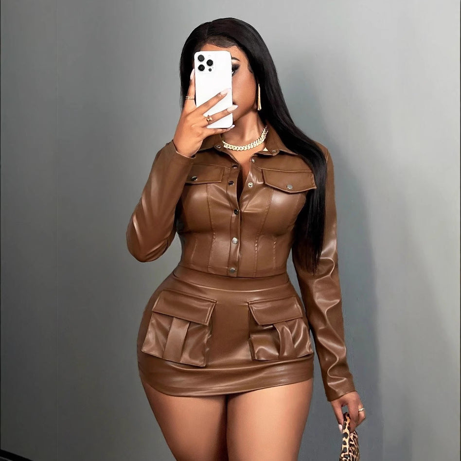 Damen Kunstleder Minikleid mit praktischen Klappentaschen R&B
