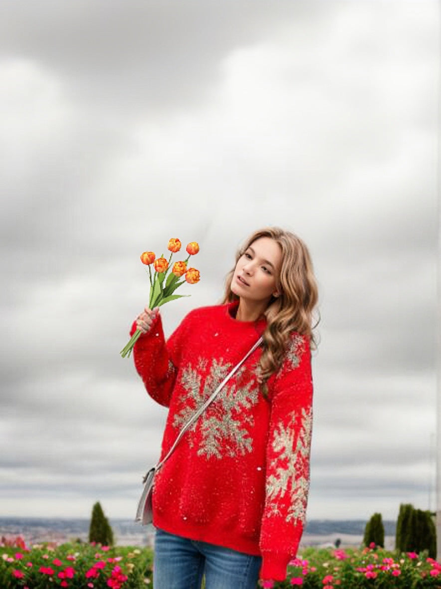 Damen Weihnachts-Pullover mit festlichem Schneeflocken-Motiv und weitem Schnitt R&B