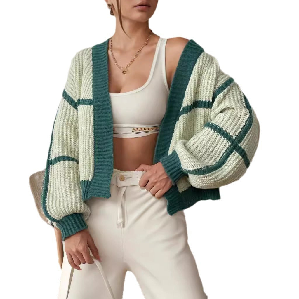 Damen Grobstrickjacke mit voluminösen Ärmeln und modernem Karomuster R&B