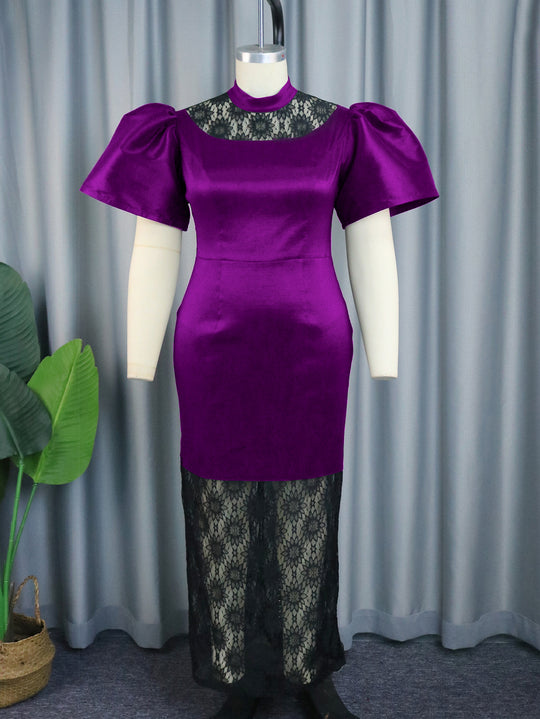 Damen Elegantes Maxikleid mit dekorativen Puffärmeln und romantischem Spitzenunterbau R&B