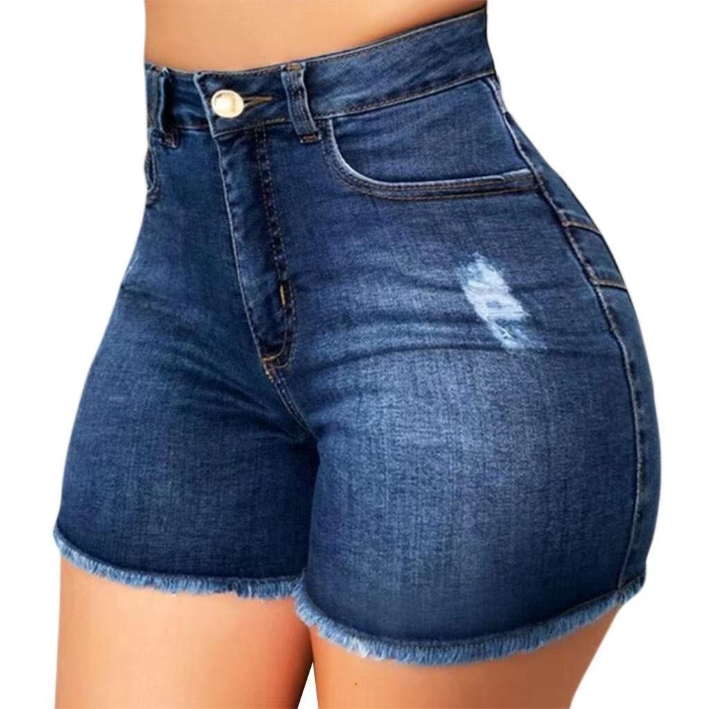 Damen Jeans-Shorts mit hohem Bund und ausgefranstem Saum R&B