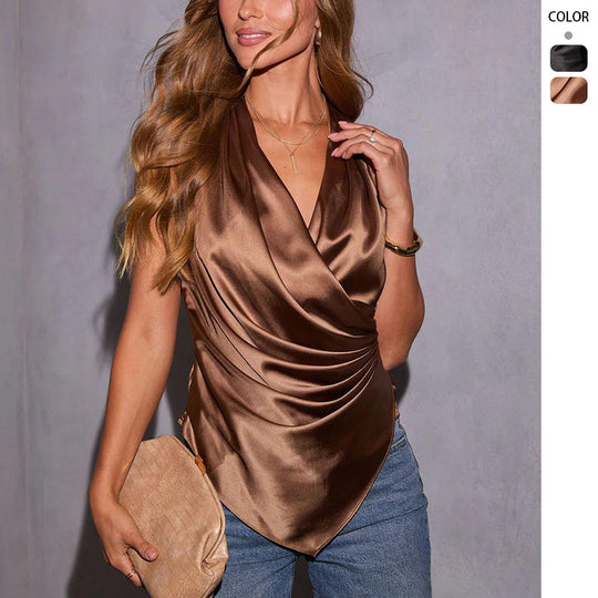 Damen Satin-Wickeltop mit elegantem V-Ausschnitt und gerafftem Design R&B