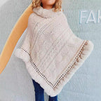 Damen Strickponcho mit dekorativem Kragen und gefüttertem Saum R&B