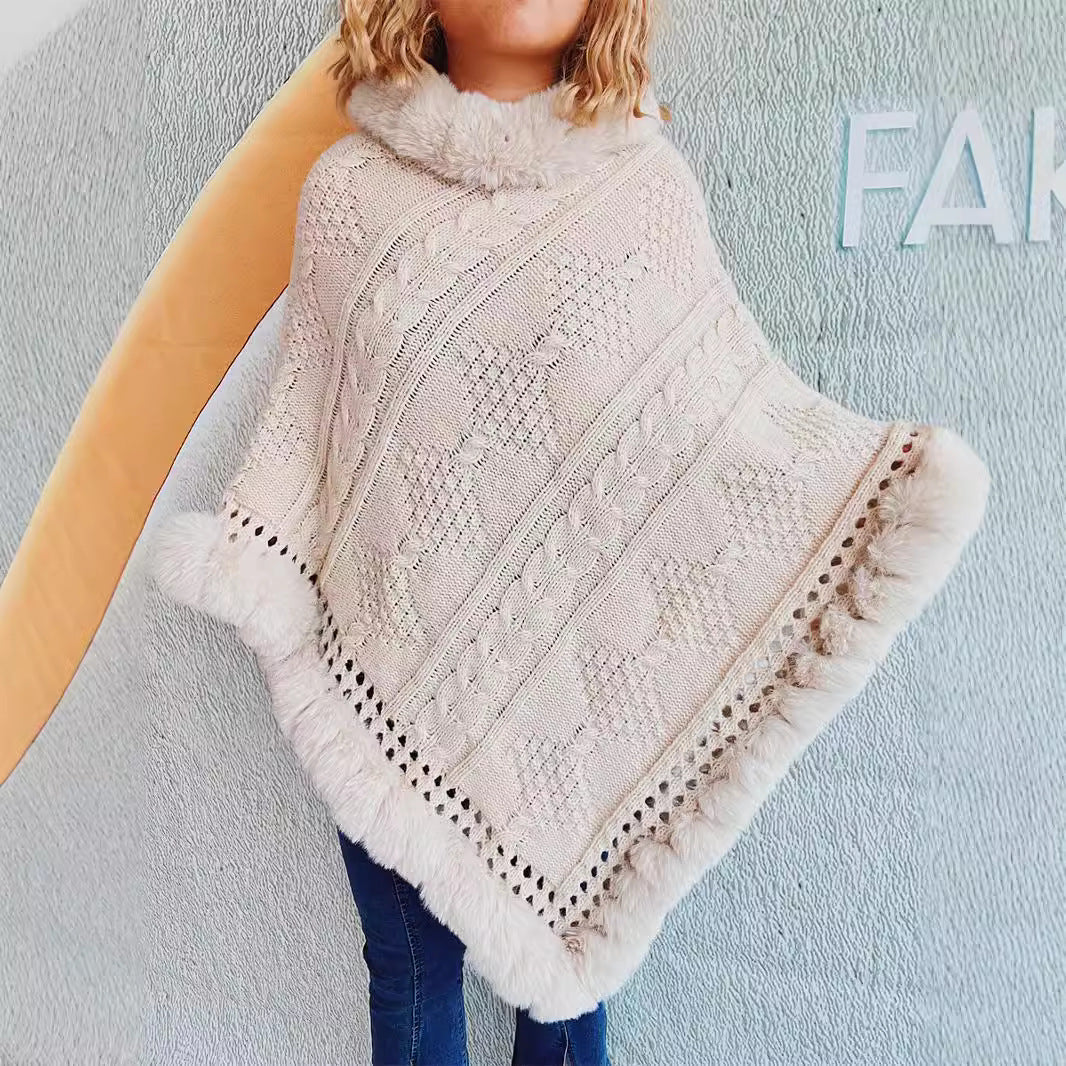 Damen Strickponcho mit dekorativem Kragen und gefüttertem Saum R&B