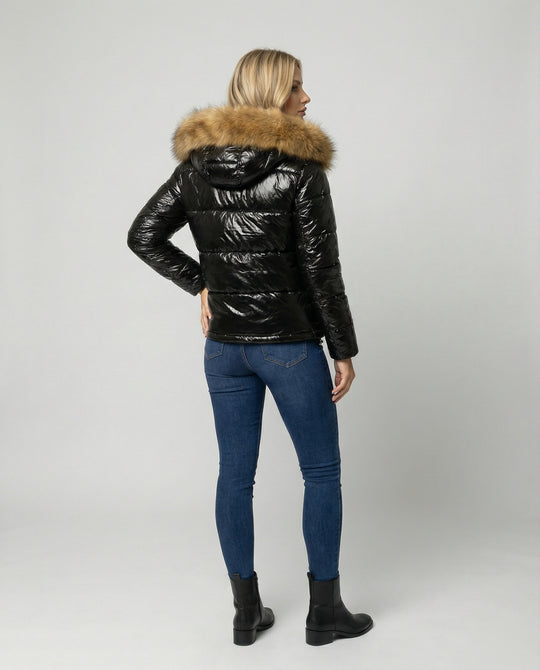 Damen Glänzende Winterjacke mit abnehmbarer Kapuze und Kunstfellkragen R&B