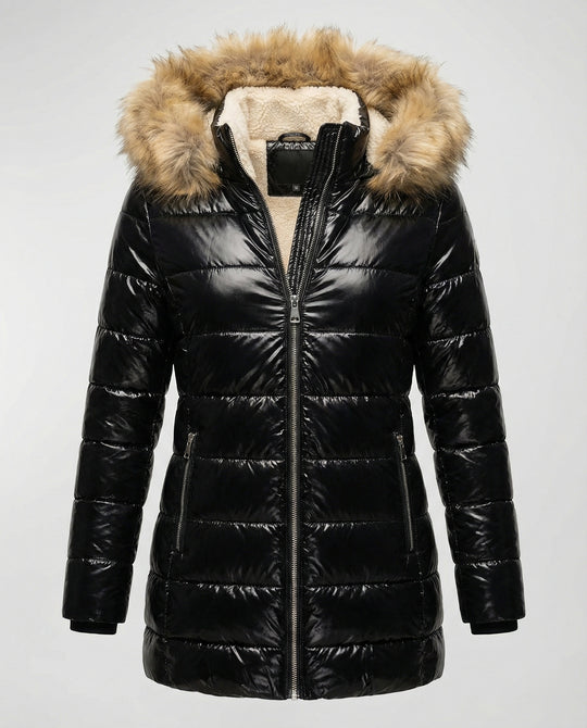 Damen Glänzende Winterjacke mit abnehmbarer Kapuze und Kunstfellkragen R&B