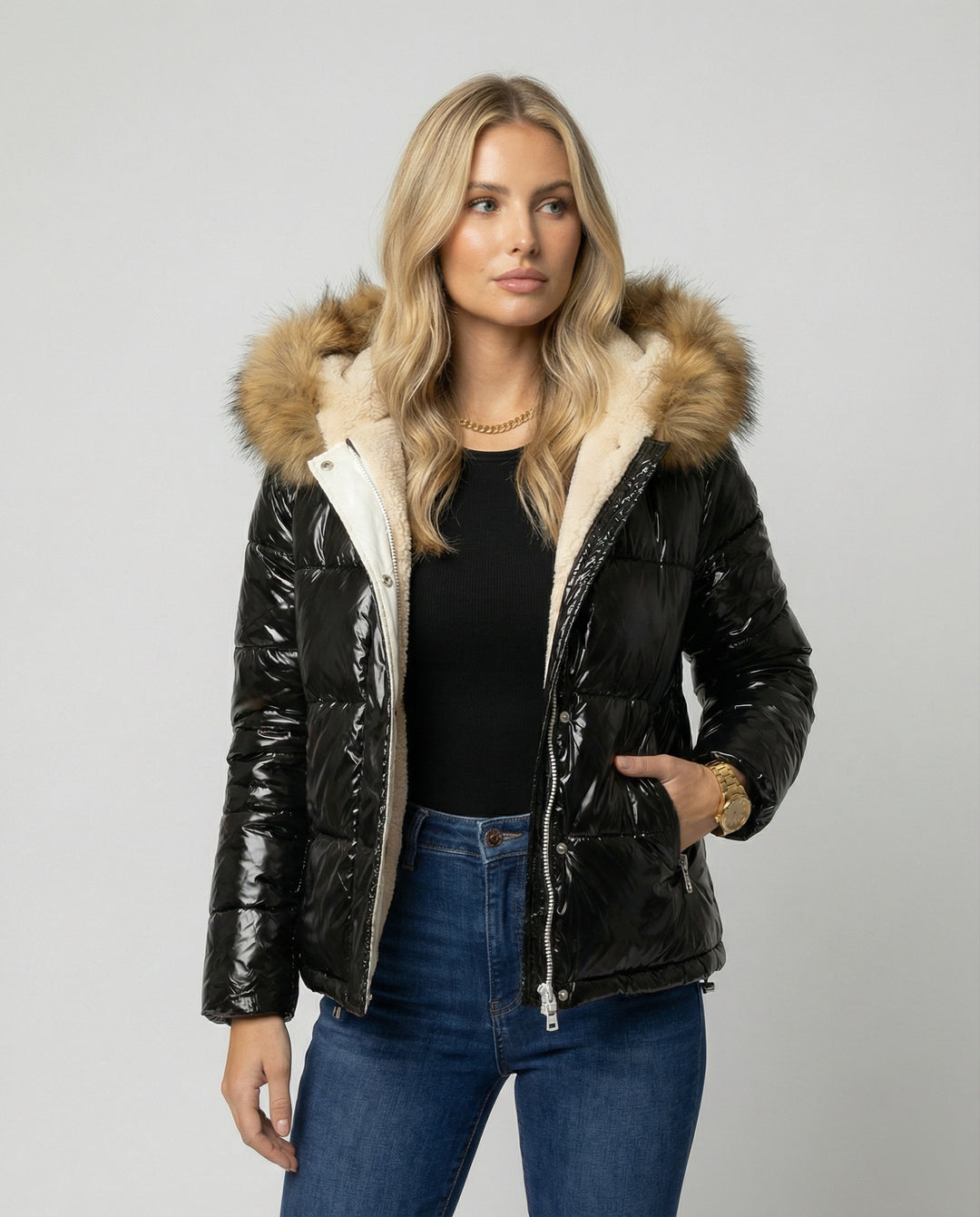 Damen Glänzende Winterjacke mit abnehmbarer Kapuze und Kunstfellkragen R&B