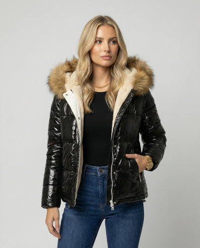 Damen Glänzende Winterjacke mit abnehmbarer Kapuze und Kunstfellkragen R&B