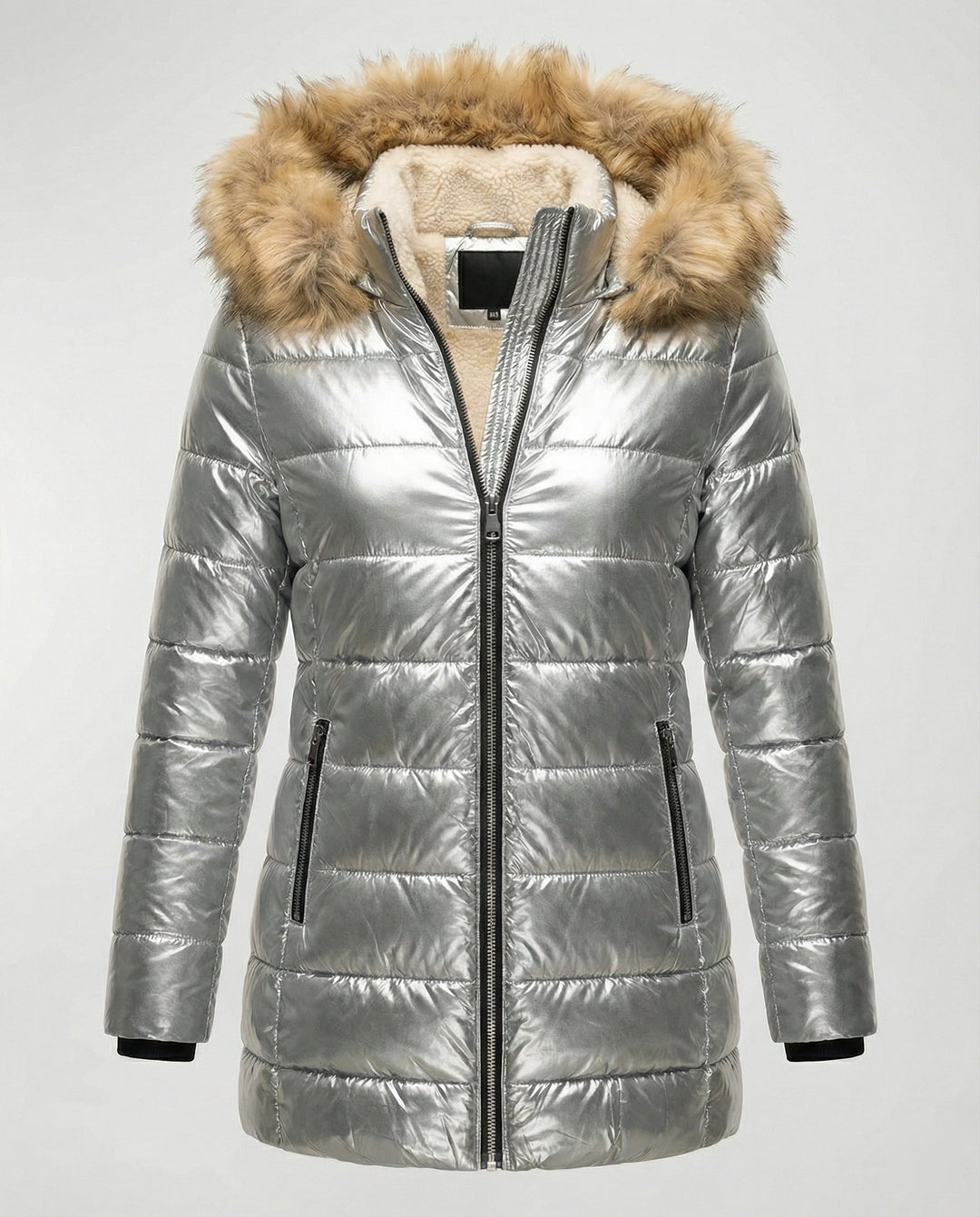 Damen Glänzende Winterjacke mit abnehmbarer Kapuze und Kunstfellkragen R&B