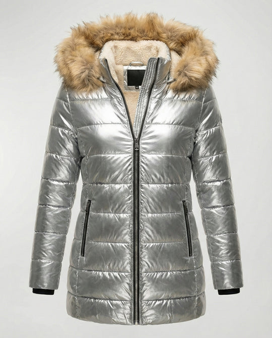 Damen Glänzende Winterjacke mit abnehmbarer Kapuze und Kunstfellkragen R&B