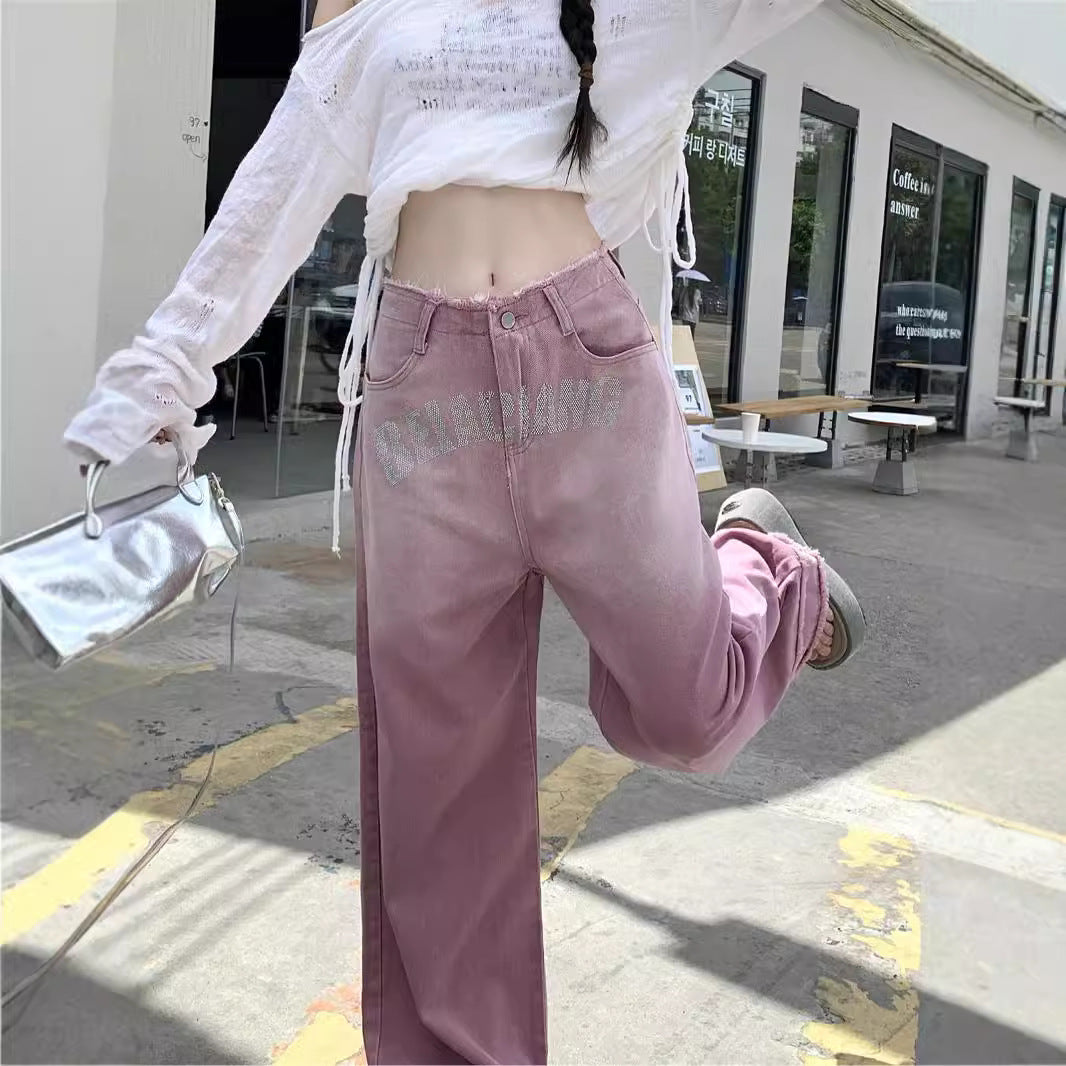 Damen lockere High-Waist Jeans mit fransigem Saum und modischen Schriftzügen R&B