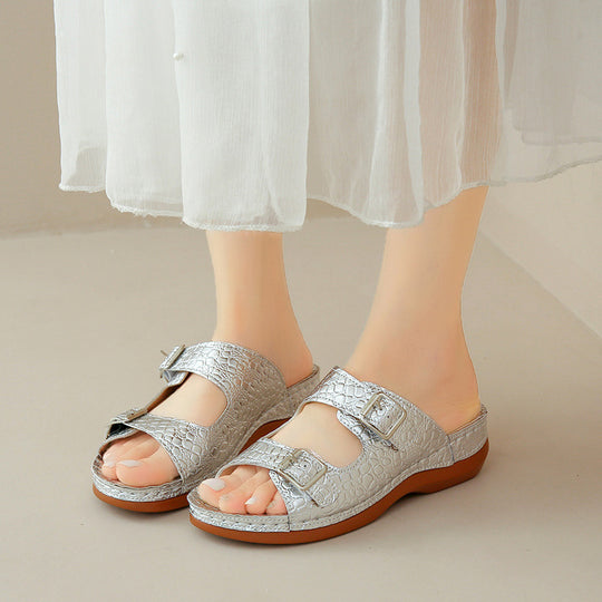 Damen modische Riemchen-Pantoletten mit eleganten Schnallen R&B
