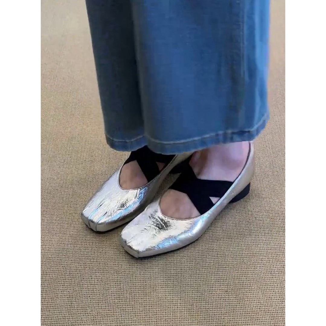 Damen Ballerina-Schuhe mit modischem Kreuzriemen und glänzender Oberfläche R&B
