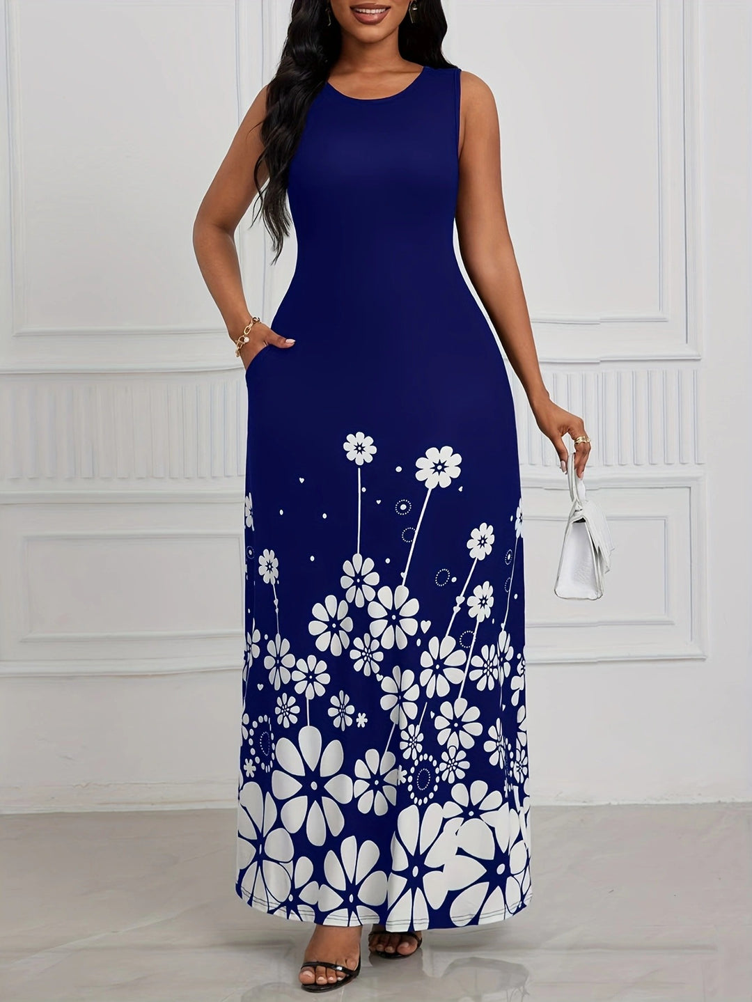 Damen Maxikleid mit floralem Muster und praktischen Seitentaschen R&B