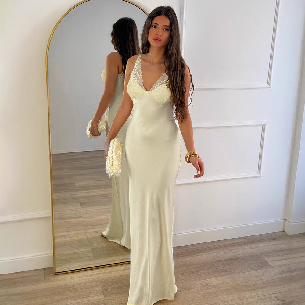 Damen Elegantes Seiden-Maxikleid mit Spitzenverzierung R&B