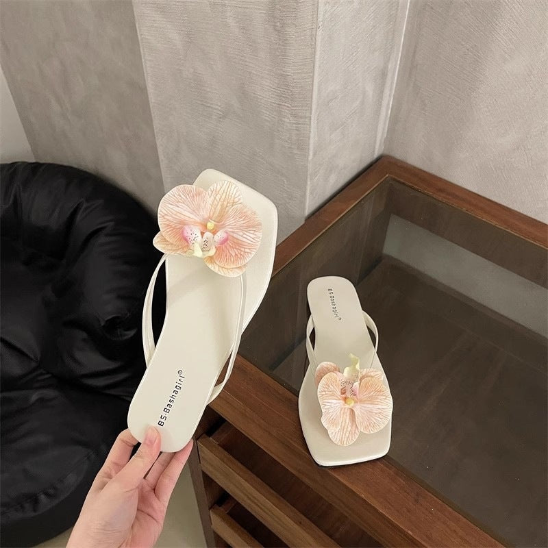 Damen Flip-Flops mit dekorativen Orchideen-Applikationen EB