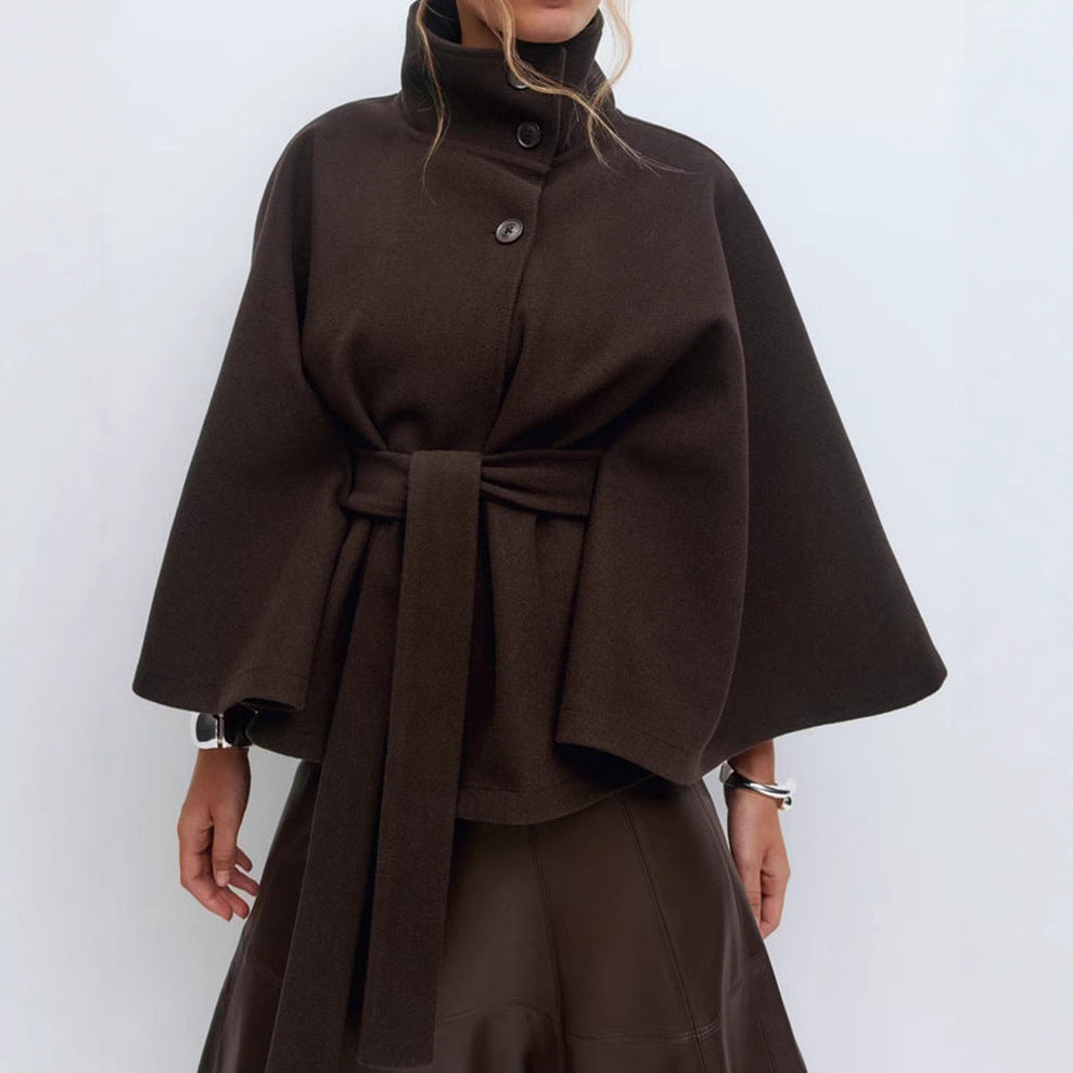 Damen nan kastenförmiger Wollcape Mantel mit Stehkragen und Bindegürtel R&B