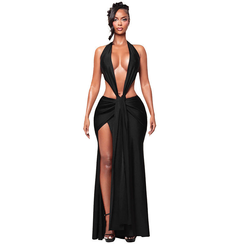Damen Cut-Out Maxikleid mit tiefem V-Ausschnitt und drapiertem Design R&B