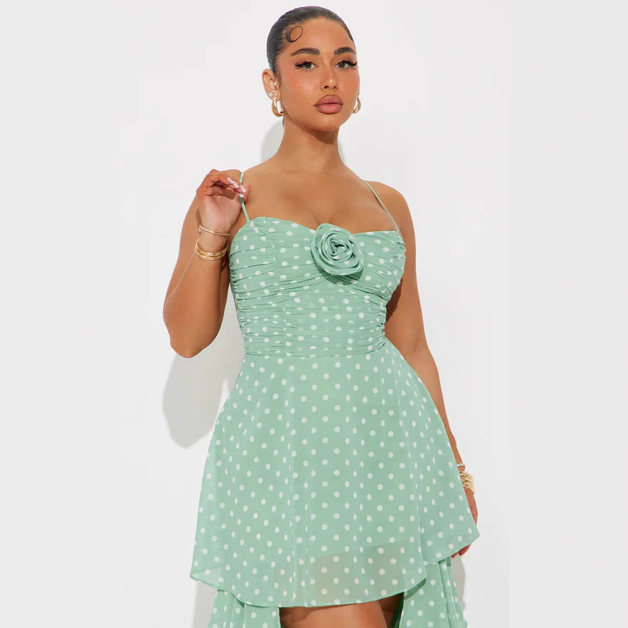Damen Verspieltes Polka-Dots Maxikleid mit asymmetrischem Rock und floralen Akzenten R&B