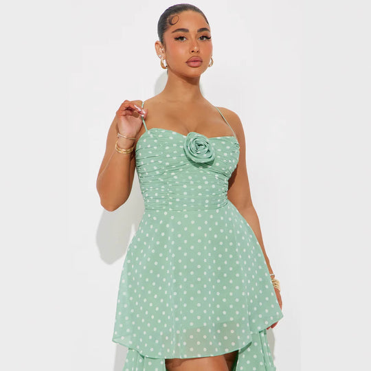 Damen Verspieltes Polka-Dots Maxikleid mit asymmetrischem Rock und floralen Akzenten R&B
