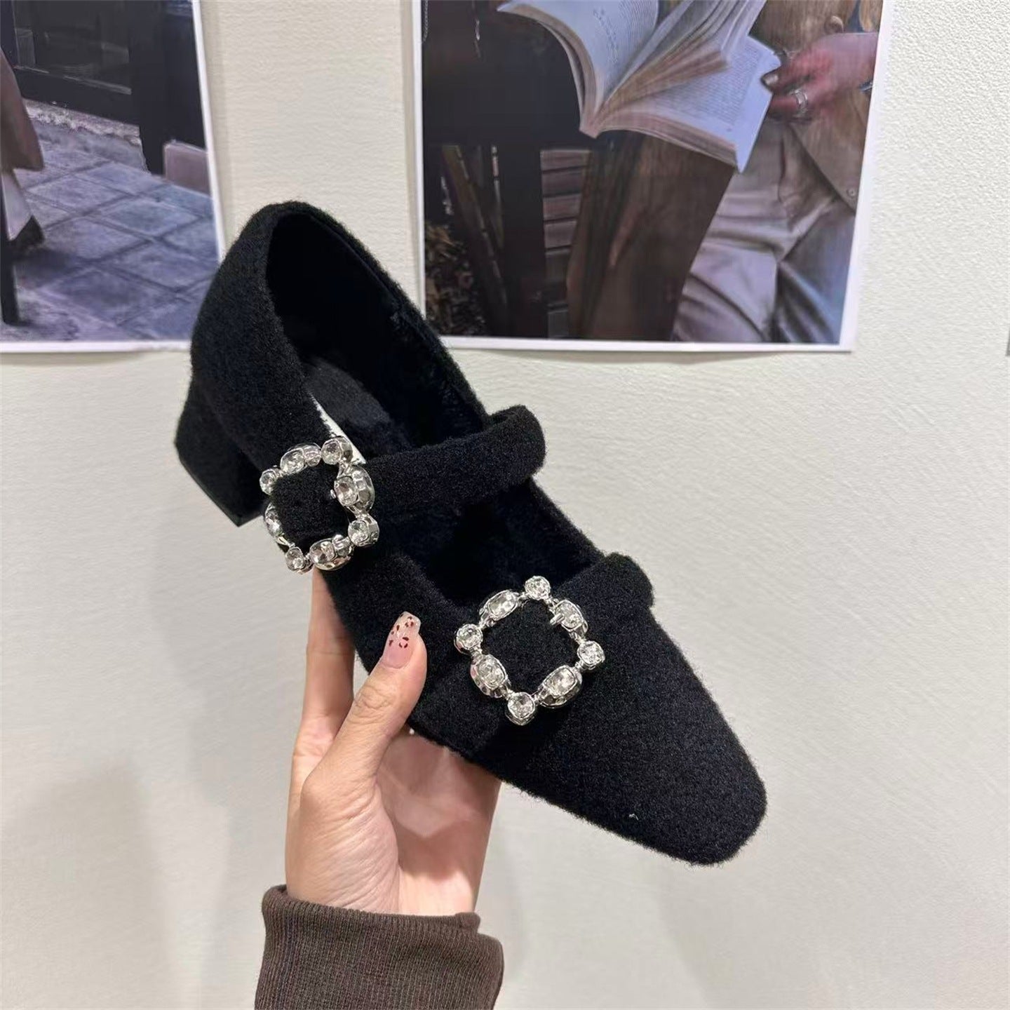 Damen elegante Filz-Mary Jane Schuhe mit schimmernden Schnallen R&B