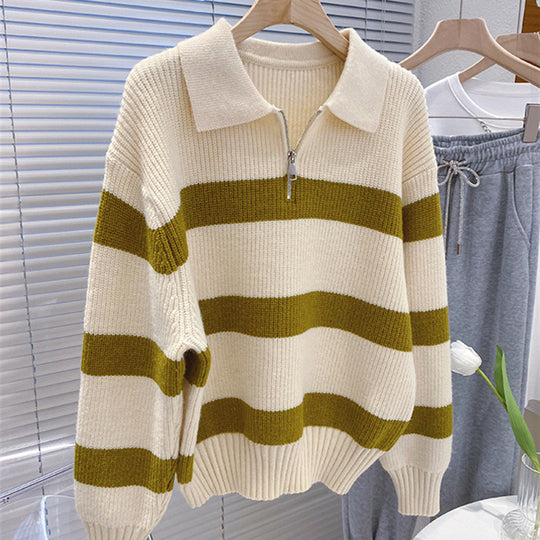 Damen Grob gestrickter Pullover mit modernem Streifenmuster und V-Ausschnitt R&B