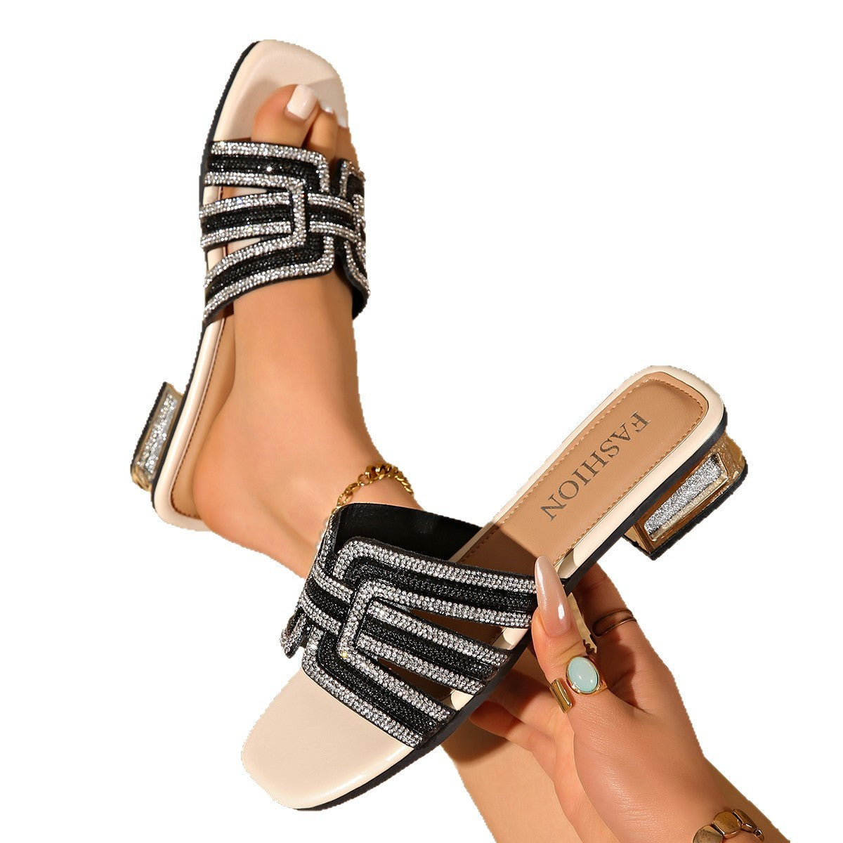 Damen eleganten Strandsandalen mit funkelndem Schmuckdesign und komfortablem Blockabsatz R&B