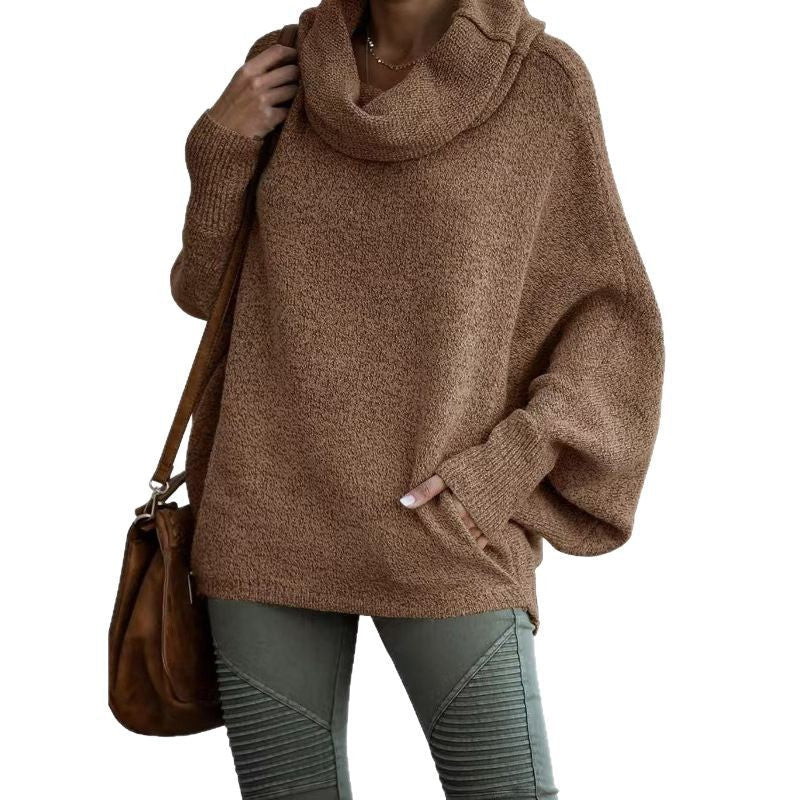 Damen lässiger Strickpullover mit weichem Stehkragen und weit geschnittenen Ärmeln R&B