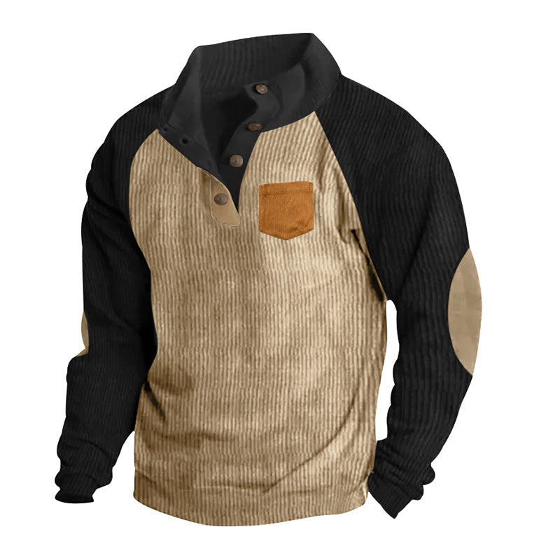 Herren nan strukturierter Halbknopf-Strickpullover im Cord-Look mit Raglanärmeln, aufgesetzter Brusttasche und Ellenbogenpatches R&B