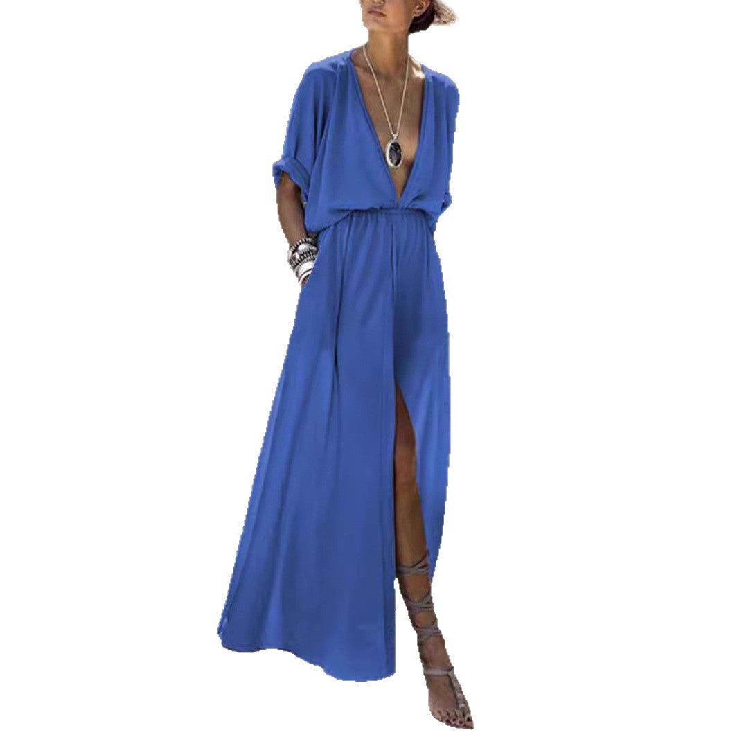 Damen Elegantes Maxikleid mit tiefem V-Ausschnitt und hohem Schlitz EB