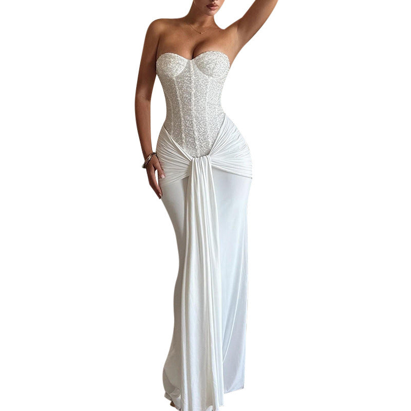 Damen schickes Maxikleid mit elegantem Bustier-Oberteil und gerafftem Rock R&B