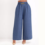 Damen Elegante Weitbein-Hose mit elastischem Bund und goldener Kette